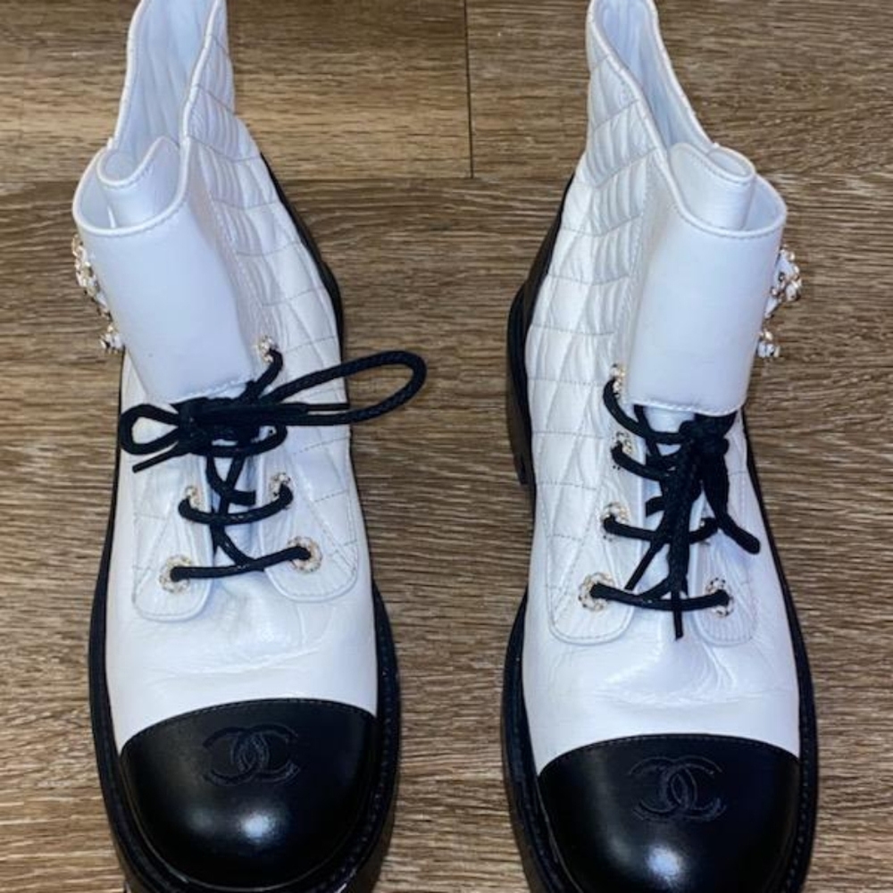 Chanel Quilted Leather CC Cap Toe Chsin Link Logo Combat Boot
